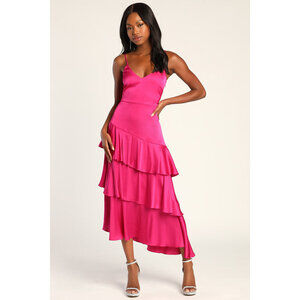 Lulus Charming Crush Hot Pink Satin Tiered Ruffled Midi Dress - Size M